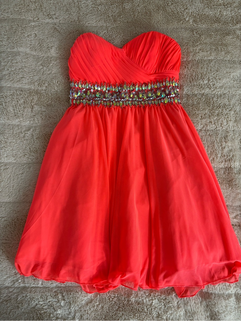 Sequin Hearts Coral-Red Strapless Prom Dress with Jeweled Waistband